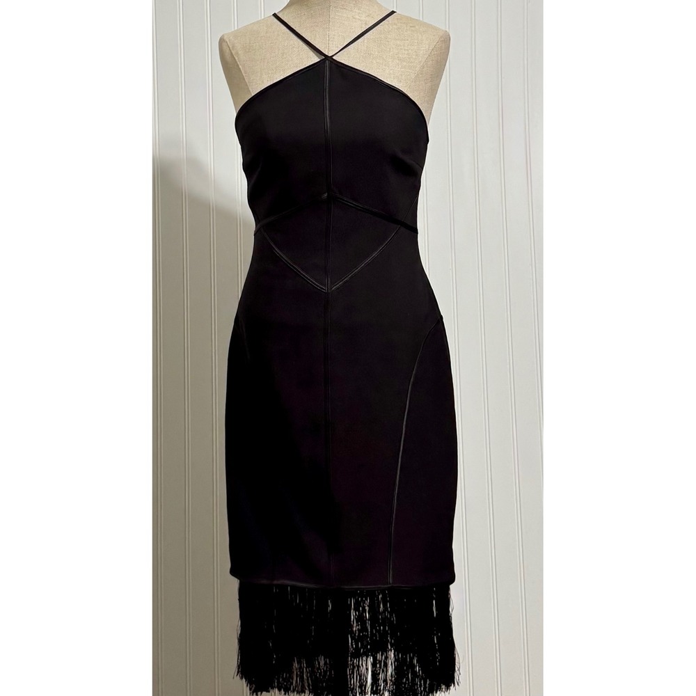 Cinq a Sept Halter Fringe Midi Dress Womens 4 Silk Trim Cocktail Black Formal